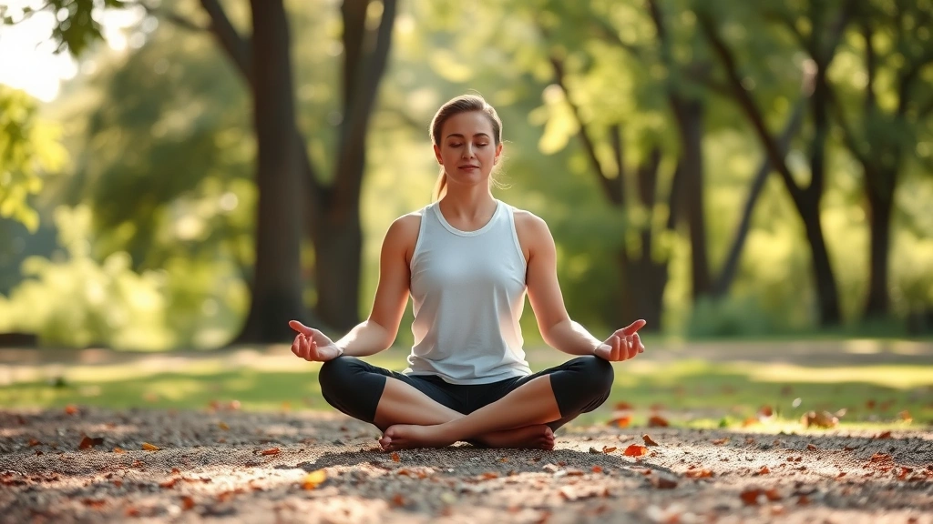 Person sitting in cross-legged meditation position in peaceful natural environment with soft sunlight filtering through trees, demonstrating mindfulness practice and mental clarity