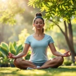 Person sitting in peaceful meditation pose in serene natural garden setting with soft sunlight filtering through leaves, demonstrating calm mindfulness practice for mental health wellness