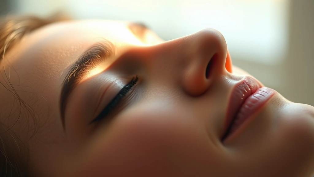 Close-up of person's face during peaceful meditation with soft natural lighting, eyes closed, serene expression, warm light filtering through, photorealistic