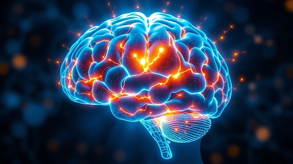 Brain illustration showing neural pathways glowing with blue and golden light, highlighting prefrontal cortex and amygdala activation patterns, abstract scientific visualization of neuroplasticity and mindfulness effects