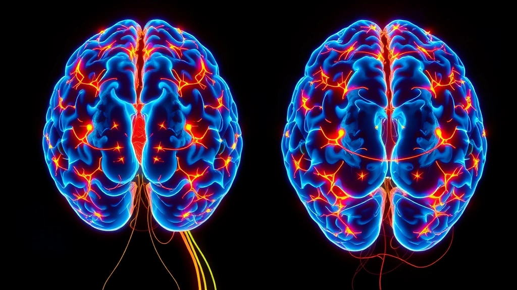 Colorful brain scan showing glowing neural connections and activity patterns, highlighting prefrontal cortex and amygdala regions, medical imaging style, vibrant blues and oranges