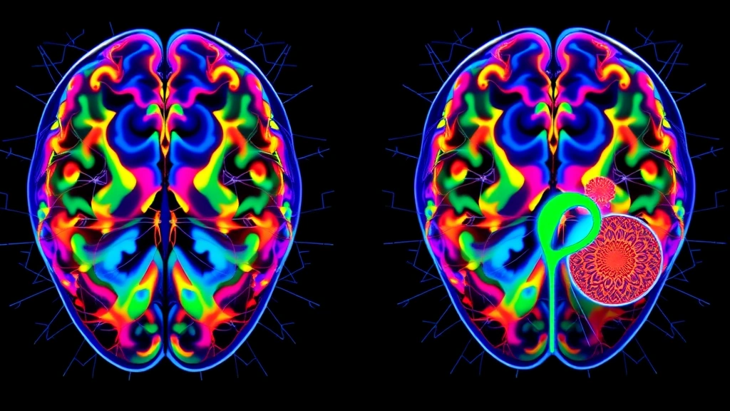 Colorful brain scan visualization showing neural network activation patterns in prefrontal cortex and reduced amygdala activity from mindfulness meditation practice, representing neurobiological depression treatment