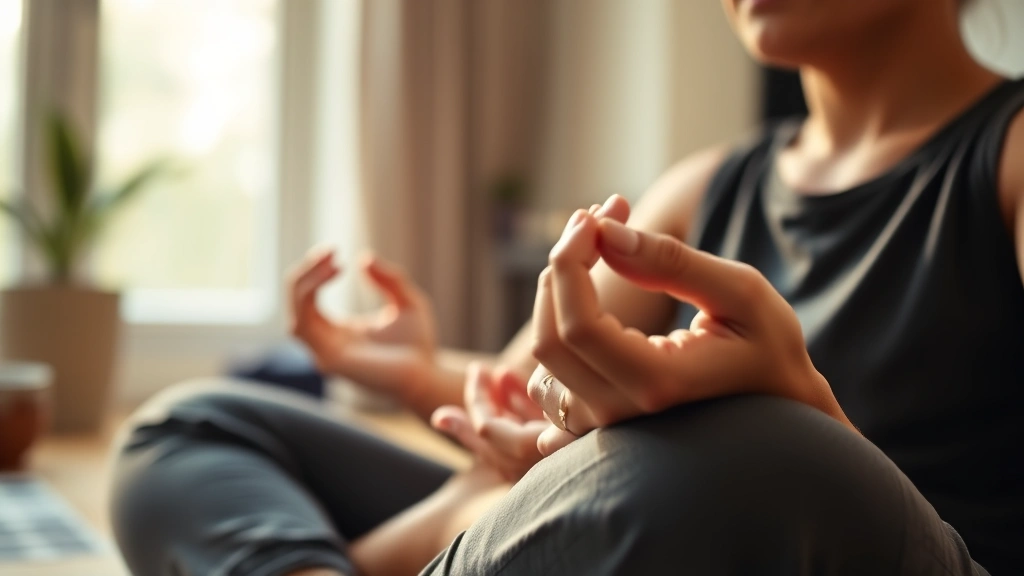 Close-up of hands resting gently on lap during meditation, soft warm lighting, person in comfortable seated position, serene indoor space with natural window light, calm and focused facial expression visible