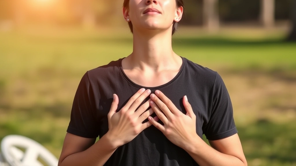 Individual practicing mindful breathing outdoors with hands on chest, showing grounded presence and calm facial expression in natural daylight setting