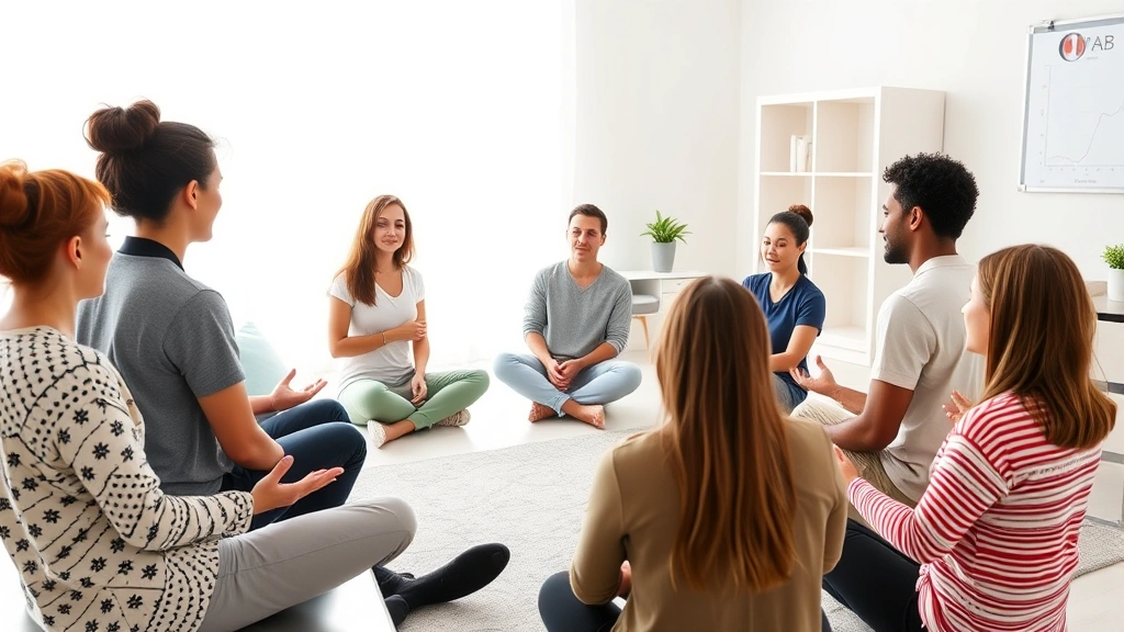Group therapy session in bright clinical room with diverse participants sitting in circle practicing mindfulness meditation together, showing evidence-based depression treatment intervention