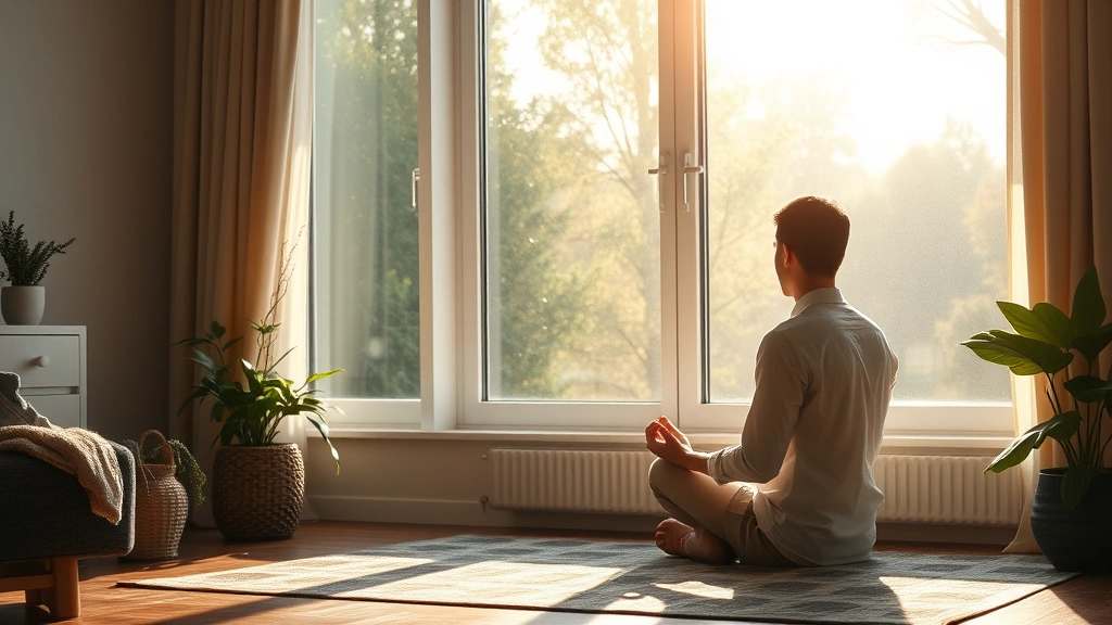 Person sitting by large window meditating in morning sunlight, peaceful home environment, natural soft light, showing mindfulness in daily life, photorealistic and calming