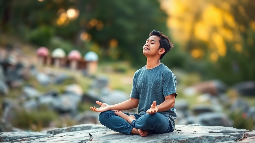 Individual practicing mindfulness outdoors on natural stone surface, peaceful expression with eyes closed, nature background with soft bokeh, golden hour lighting, serene mindfulness practice scene