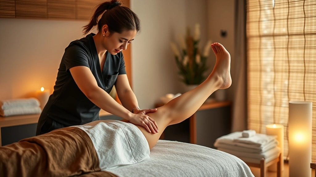 Professional Thai massage therapist applying pressure techniques to client's leg during therapy session, serene spa environment with soft lighting, natural materials, peaceful atmosphere