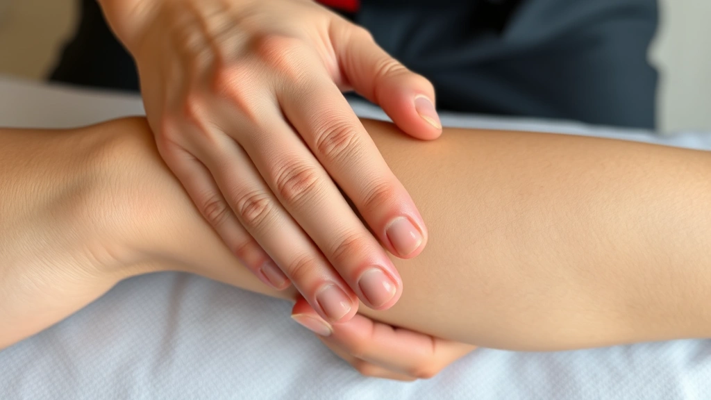 Close-up of hands demonstrating acupressure point work on forearm, showing precise finger positioning and traditional Thai massage technique application