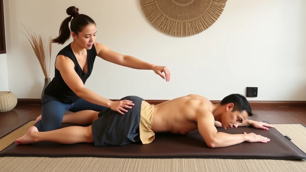 Thai massage practitioner guiding client through assisted yoga-like stretch position on padded mat, showing flexibility work and energy pathway stimulation