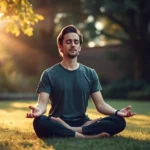Person meditating in serene garden with morning sunlight filtering through leaves, peaceful expression, sitting cross-legged on grass, warm golden light creating calm atmosphere