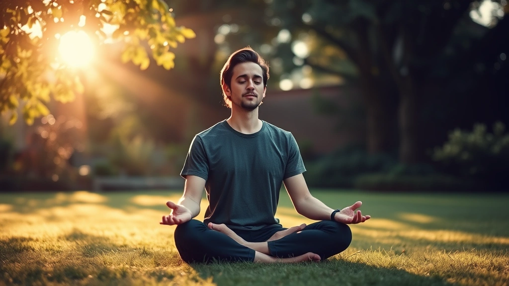 Person meditating in serene garden with morning sunlight filtering through leaves, peaceful expression, sitting cross-legged on grass, warm golden light creating calm atmosphere