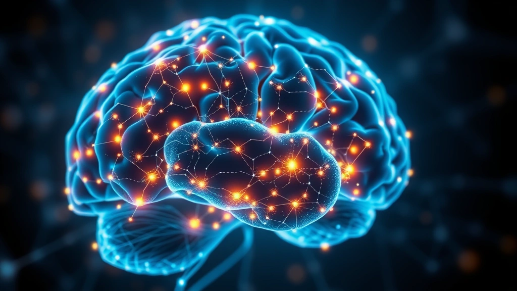 Brain neural network visualization with glowing connections representing mindfulness pathways, abstract neuroscience imagery showing interconnected nodes of light against dark background