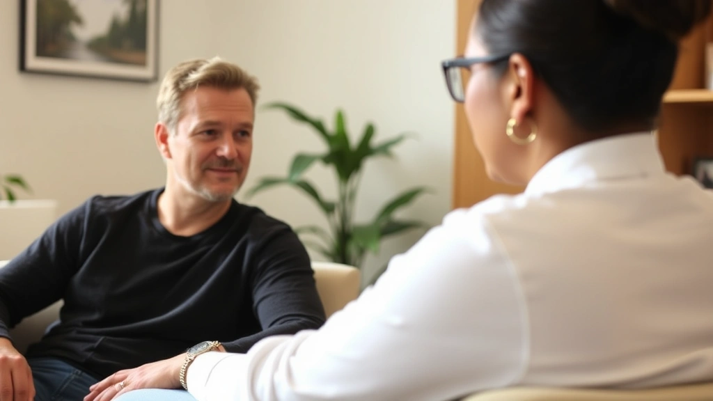 Individual in therapy session with therapist, both visible from side angle in comfortable clinical setting with natural light, warm tones suggesting trust and professional support
