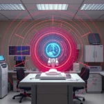 Magnetic field visualization around a medical research laboratory setting with scientific equipment and data displays, photorealistic, no text or letters visible, professional medical research environment