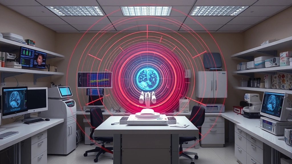 Magnetic field visualization around a medical research laboratory setting with scientific equipment and data displays, photorealistic, no text or letters visible, professional medical research environment