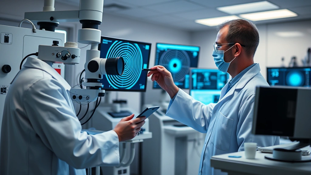 Scientist examining magnetic field measurements with advanced equipment in a modern hospital research facility, photorealistic clinical environment, no visible text or data screens