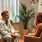 Professional therapist and client in a warm, comfortable therapy office with soft lighting, plants, and natural elements. The therapist is listening attentively while the client sits comfortably. Photorealistic, peaceful atmosphere, no visible text or screens.