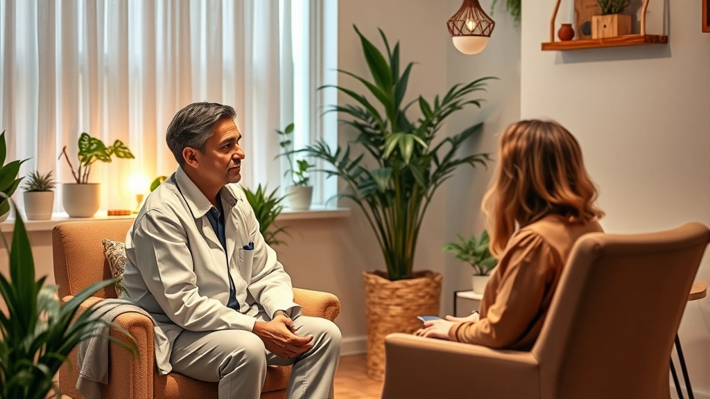 Professional therapist and client in a warm, comfortable therapy office with soft lighting, plants, and natural elements. The therapist is listening attentively while the client sits comfortably. Photorealistic, peaceful atmosphere, no visible text or screens.