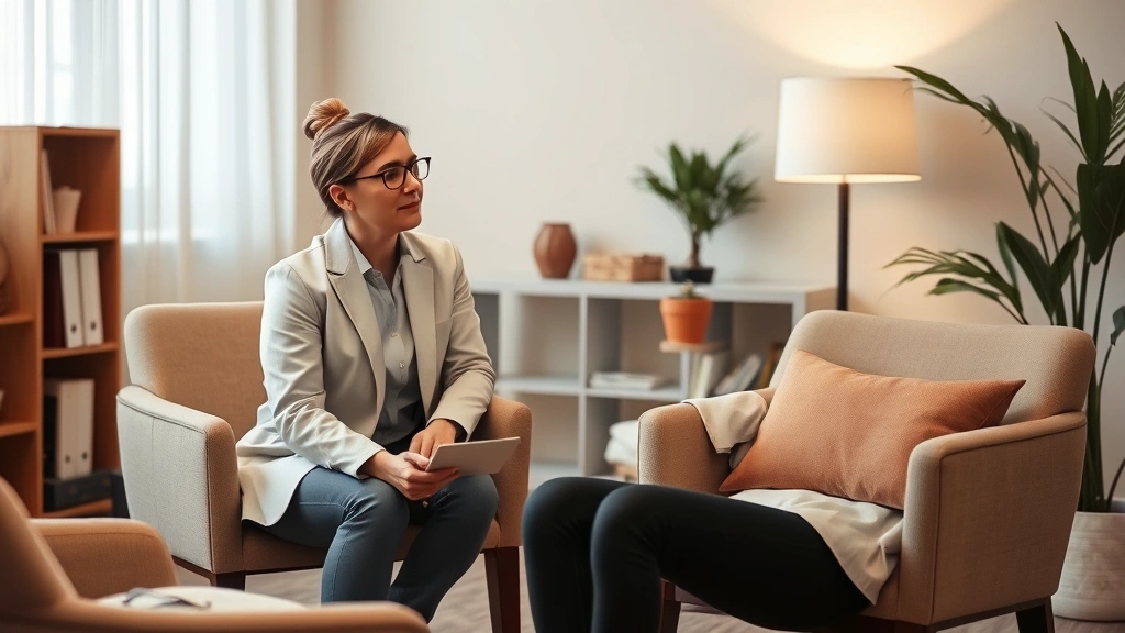 Professional therapist in warm, neutral office setting with comfortable seating, soft lighting, and calm atmosphere, client in thoughtful pose, emphasizing therapeutic safety and trust