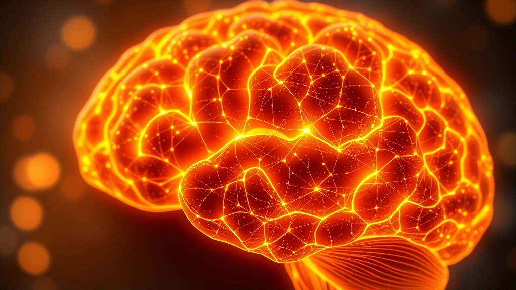 Close-up of human brain illustration glowing with neural networks and synapses lighting up in warm golden colors; abstract representation of neuroplasticity and healing; photorealistic medical illustration style
