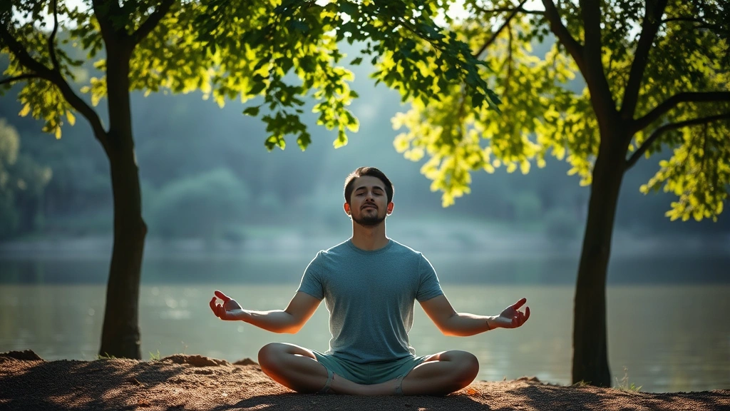 Person meditating peacefully in a serene natural setting with trees and calm water, showing emotional resilience and mental wellness. Sunlight filtering through leaves, tranquil expression, photorealistic landscape with human figure centered.