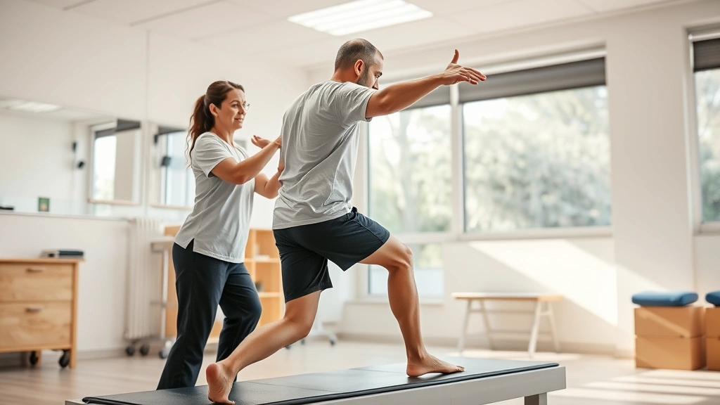 Photorealistic image of a person during physical therapy session with therapist, showing movement and recovery in a bright rehabilitation clinic environment