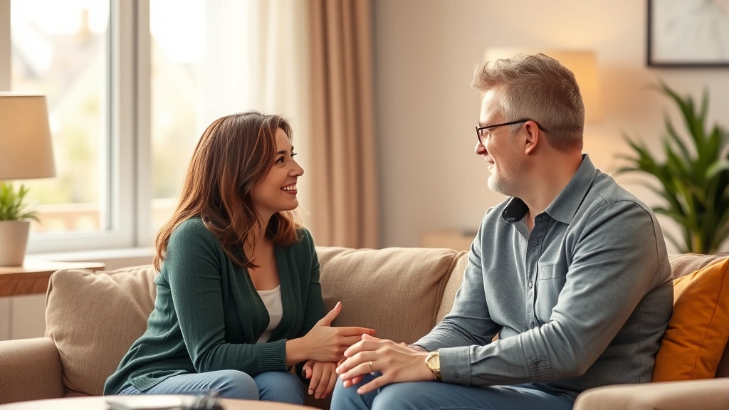 Two people having a meaningful conversation in a supportive environment, demonstrating healthy communication and relationship building. Warm lighting, comfortable seating, genuine connection visible through body language, photorealistic intimate conversation scene.