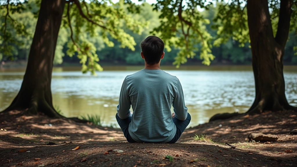 Person sitting peacefully in natural environment with trees and water, experiencing emotional calm and wellbeing after therapeutic work, serene and contemplative mood
