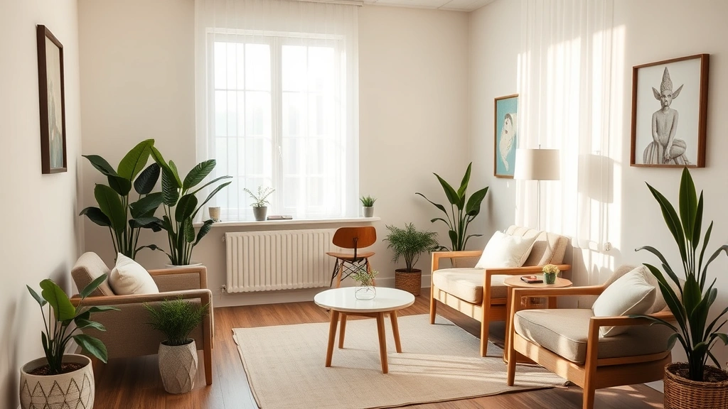 Calm therapist's office with soft lighting, comfortable seating, plants, warm neutral colors, welcoming peaceful environment for anxiety treatment sessions