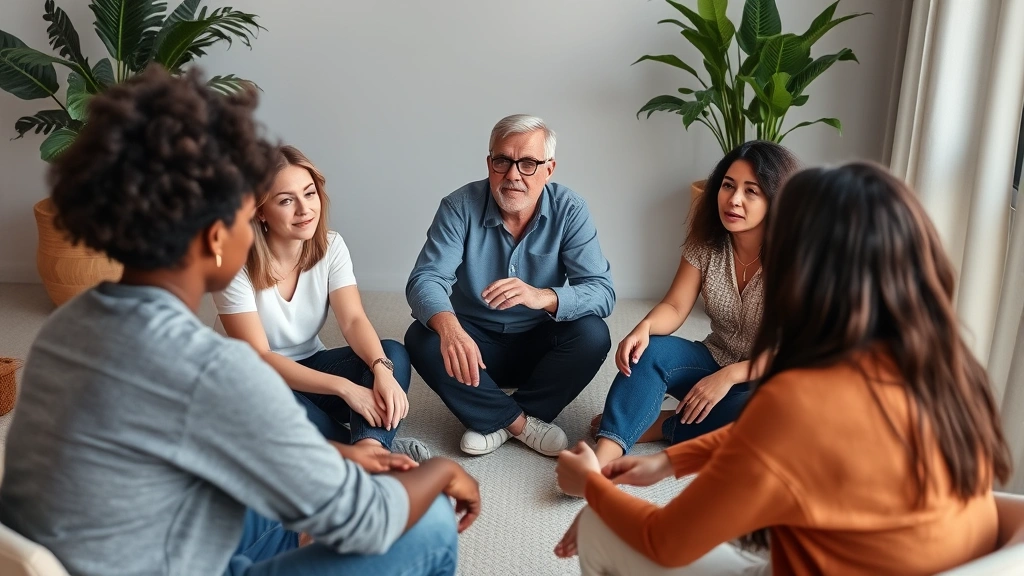 Diverse group in supportive therapy session circle, engaged attentive listeners, compassionate therapeutic environment promoting mental wellness and healing