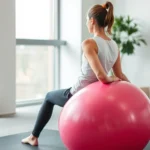 Person sitting on large inflatable therapy ball in modern minimalist office environment, demonstrating proper posture and core engagement, natural window lighting, professional setting