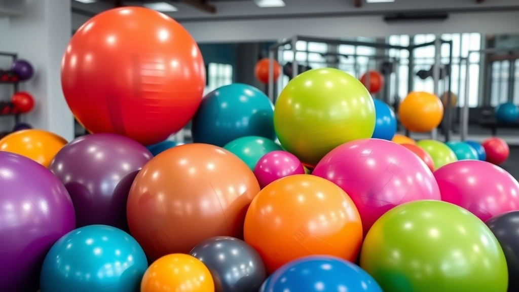 Close-up of colorful exercise therapy balls arranged in fitness studio, various sizes displayed, vibrant colors, professional gym equipment setting, studio lighting