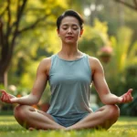 Person meditating peacefully in lotus position in serene garden, soft natural lighting, focus on calm facial expression and relaxed posture, photorealistic
