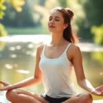 Person sitting in peaceful meditation pose in natural sunlight, eyes gently closed, surrounded by soft greenery and calm water reflections, serene facial expression showing inner peace and mental clarity