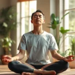 Person sitting in peaceful meditation pose with eyes closed, natural sunlight filtering through windows, serene indoor garden setting with plants, photorealistic, calm expression, soft lighting