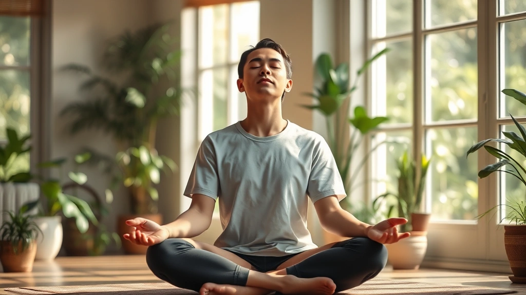 Person sitting in peaceful meditation pose with eyes closed, natural sunlight filtering through windows, serene indoor garden setting with plants, photorealistic, calm expression, soft lighting