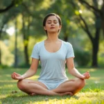 Person sitting in cross-legged meditation position in a peaceful natural setting with soft sunlight filtering through trees, serene expression, eyes closed, calm outdoor environment