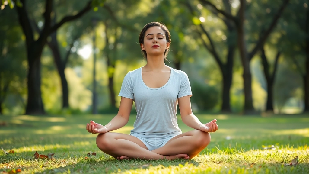 Person sitting in cross-legged meditation position in a peaceful natural setting with soft sunlight filtering through trees, serene expression, eyes closed, calm outdoor environment