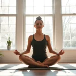 Person sitting peacefully in lotus position on yoga mat in bright morning sunlight streaming through large windows, serene indoor meditation space with plants, photorealistic calm expression