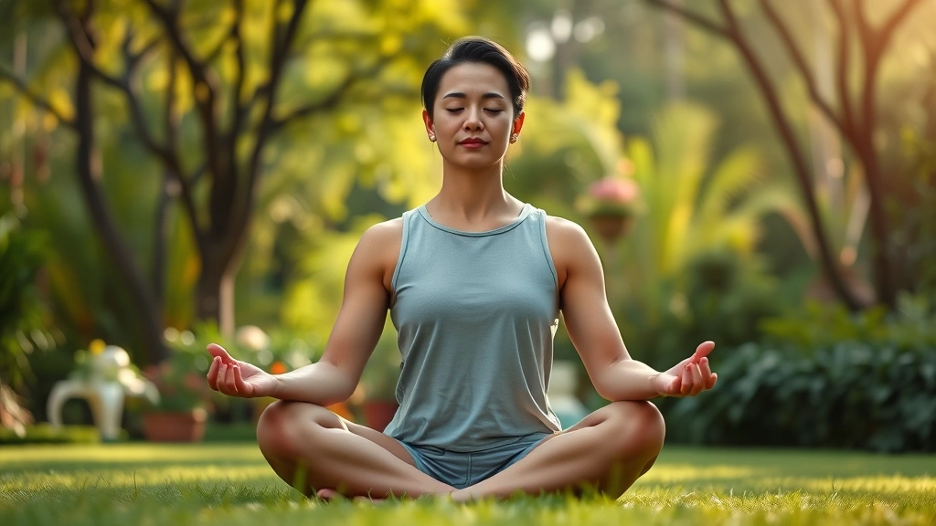 Person meditating peacefully in lotus position in serene garden, soft natural lighting, focus on calm facial expression and relaxed posture, photorealistic