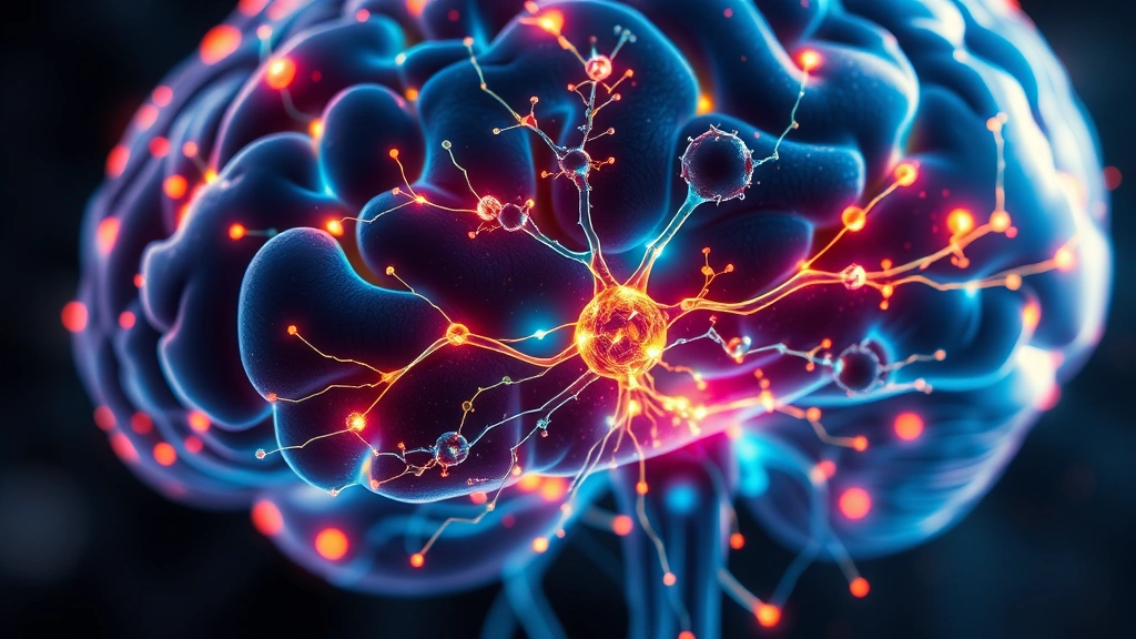 Close-up of human brain with glowing neural pathways and synapses activating, representing mindfulness and focus, scientific visualization, vibrant colors showing neural activity