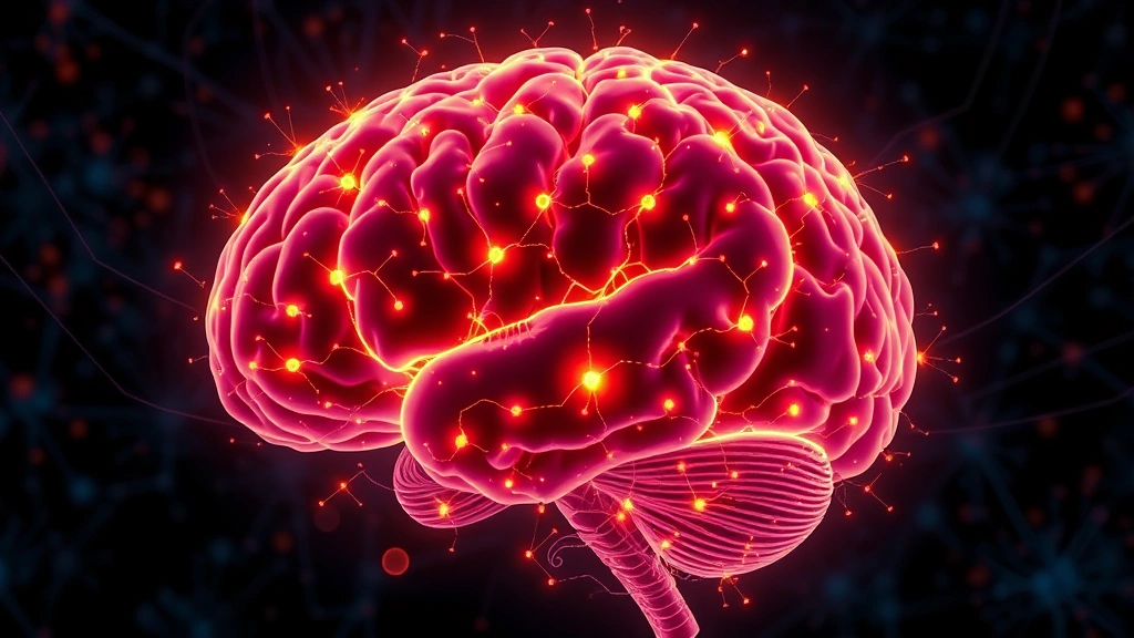 Brain illustration showing neural connections and activity patterns, glowing synapses, mindfulness-related brain regions highlighted, scientific visualization style, vibrant colors, no text labels