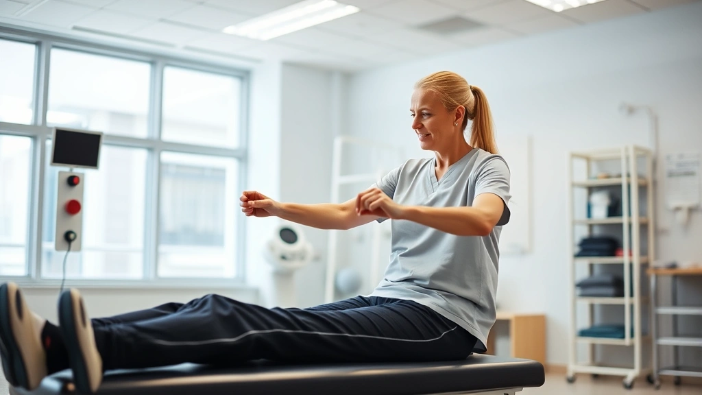 Physical therapist guiding patient through rehabilitation exercises in bright medical facility, focus on movement and recovery, professional healthcare setting, no text visible