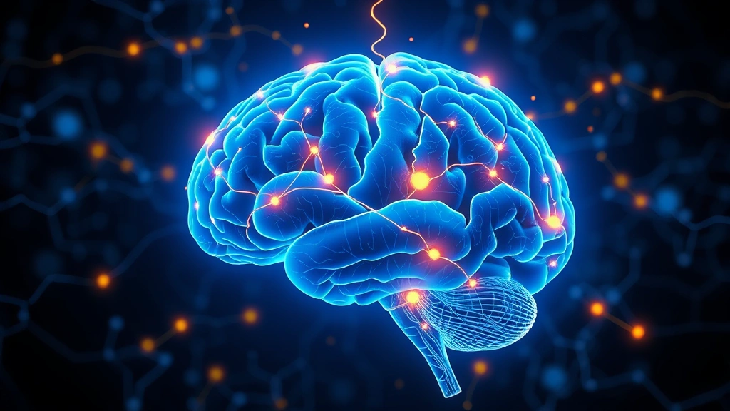 Brain illustration showing neural pathways lighting up in blue and golden colors, representing mindfulness meditation activation, neuroplasticity visualization, professional medical style