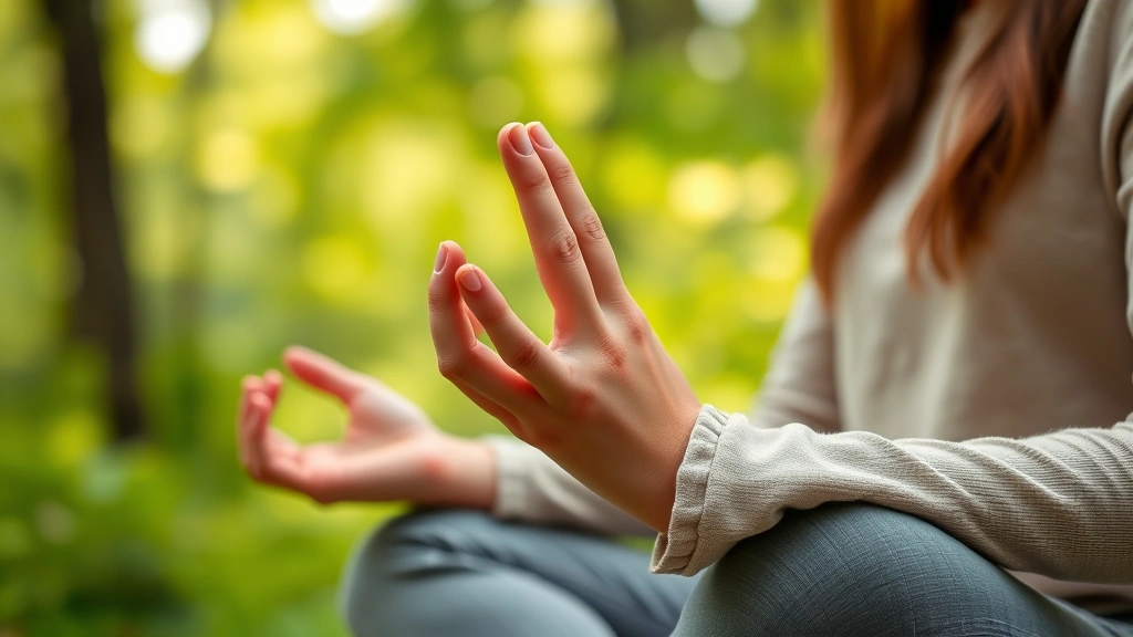 Close-up of hands in meditation mudra position, person wearing comfortable clothing sitting outdoors in nature with blurred green forest background, peaceful mindful moment
