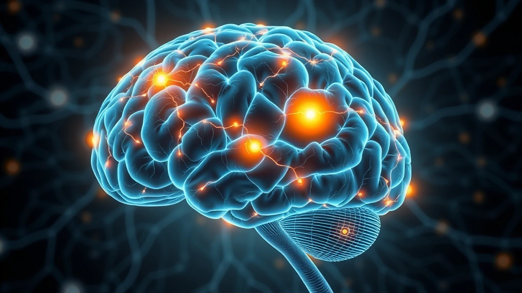 Brain illustration showing glowing neural connections and highlighted prefrontal cortex and amygdala regions, abstract medical visualization, no text labels visible