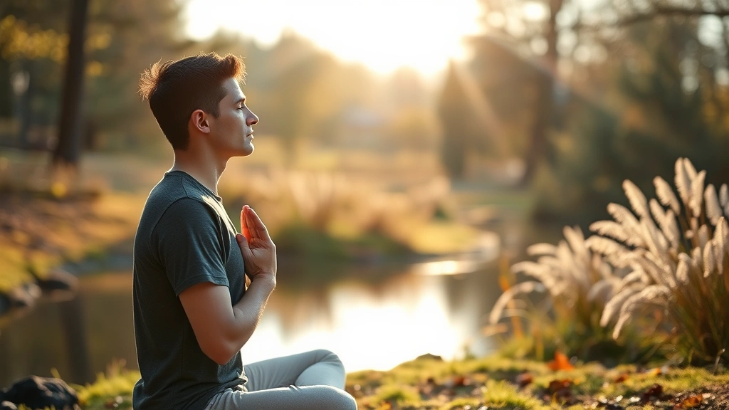 Individual practicing mindful breathing outdoors on a peaceful natural setting, morning light, gentle posture, demonstrating calm presence and present-moment awareness without distractions