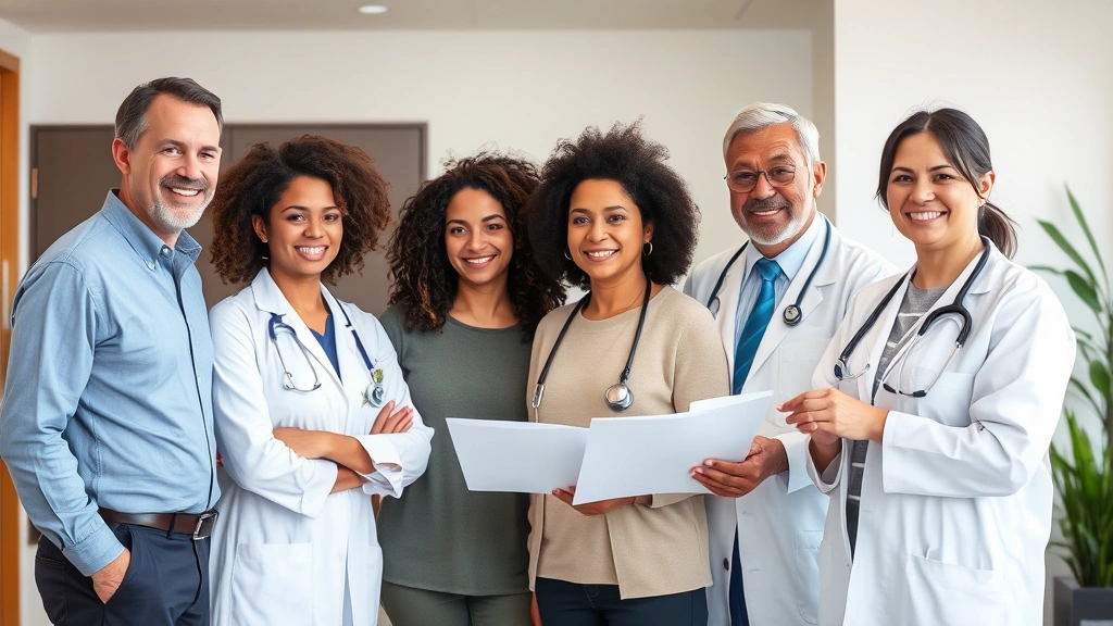 Diverse healthcare team including mental health professional, physical therapist, and occupational specialist collaborating in modern medical office, teamwork and integration, clean environment