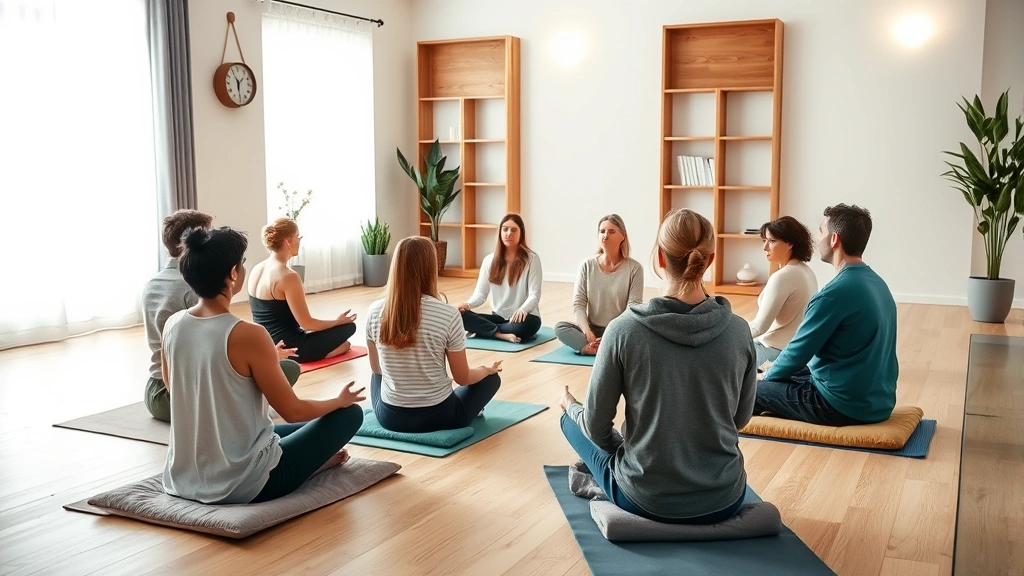 Diverse group of people in a therapy or mindfulness class setting sitting on meditation cushions in a circle, instructor leading session, calm indoor studio with soft lighting